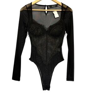AKIRA Black Lace & Mesh Long Sleeve Sheer Bodysuit